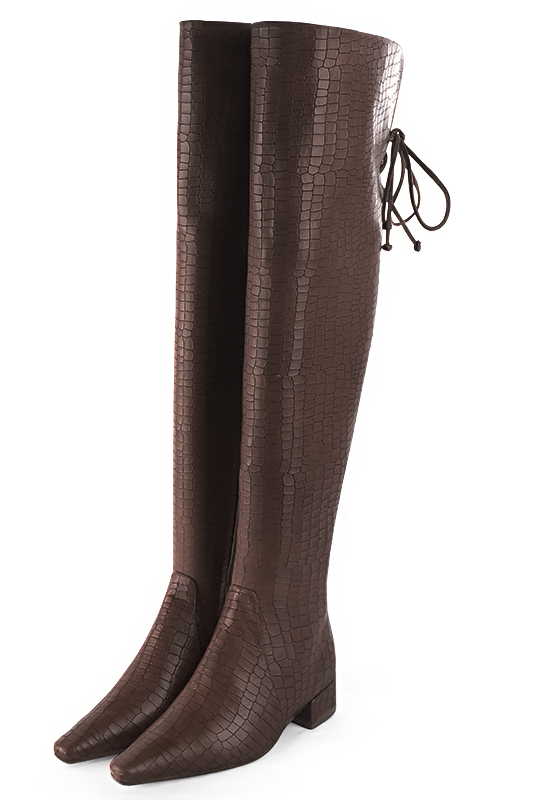 Dark brown leather thigh high boots. Made to measure. Tapered toe. Low block heels